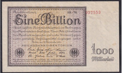 Германия 1 триллион 1923 год (Germany 1 Billionen rentenmark 1923) P 134c: XF