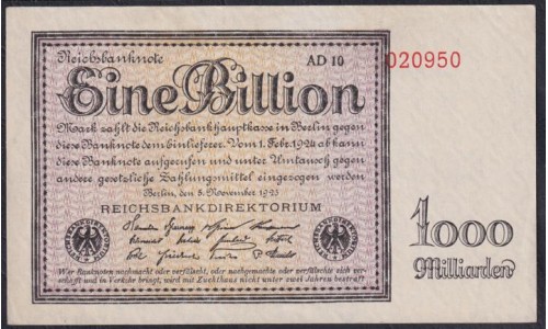 Германия 1 триллион 1923 год (Germany 1 Billionen rentenmark 1923) P 134(3): UNC--