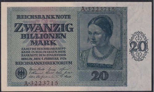 Германия 20 триллионов 1924 год, РАРИТЕТ (Germany 20 Billionen rentenmark 1924) P 138: UNC