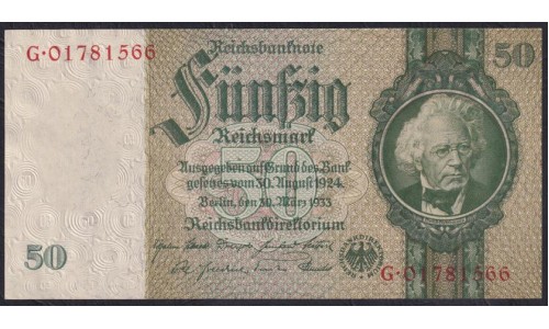 Германия 50 рейхсмарок 1933 год, G.01781566 (Germany 50 Reichsmark 1933 year) P 182b: UNC