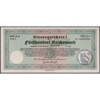 Германия налоговый ваучер 500 рейхсмарок 1939 год, погашение январь 1940 год, С. 0020769 (Steuergutschein 500 Reichsmark 1939, Januar 1940) R-718и: UNC