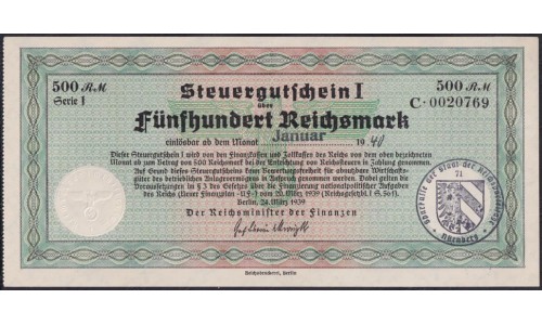 Германия налоговый ваучер 500 рейхсмарок 1939 год, погашение январь 1940 год, С. 0020769 (Steuergutschein 500 Reichsmark 1939, Januar 1940) R-718и: UNC