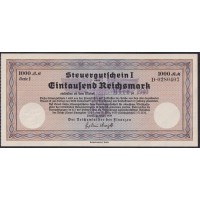 Германия налоговый ваучер 1000 рейхсмарок 1939 год, погашение март 1940 год, С. 0020769 (Steuergutschein 1000 Reichsmark 1939, marz 1940) R-719d: UNC