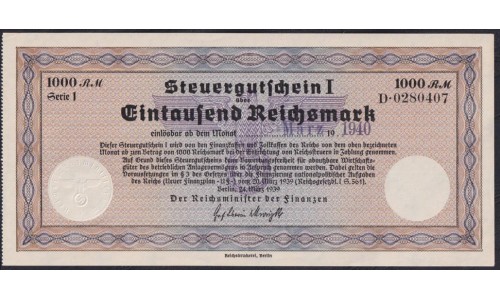 Германия налоговый ваучер 1000 рейхсмарок 1939 год, погашение март 1940 год, С. 0020769 (Steuergutschein 1000 Reichsmark 1939, marz 1940) R-719d: UNC