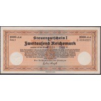 Германия налоговый ваучер 2000 рейхсмарок 1939 год, погашение март 1940 год, E.0169227 (Steuergutschein 2000 Reichsmark 1939, marz 1940) R-720d: UNC--
