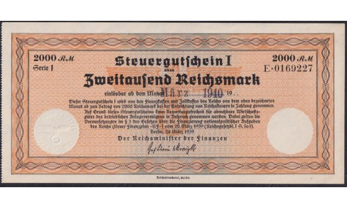 Германия налоговый ваучер 2000 рейхсмарок 1939 год, погашение март 1940 год, E.0169227 (Steuergutschein 2000 Reichsmark 1939, marz 1940) R-720d: UNC--