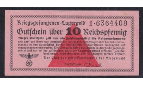 Германия, лагерные деньги 10 Рейхcпфеннингов 1939/45 год, 1.6364410 и 1.6364408 ( 10 Reichspfennig Lagergeld 1939/45, RAR) Ro 516: UNC-