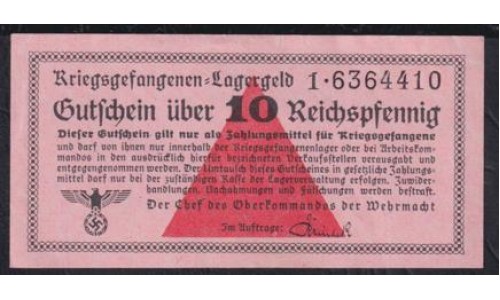 Германия, лагерные деньги 10 Рейхcпфеннингов 1939/45 год, 1.6364410 и 1.6364408 ( 10 Reichspfennig Lagergeld 1939/45, RAR) Ro 516: UNC-