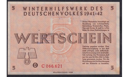 Германия, зимняя помощь 5 рейхсмарок 1941-42 год, C 066.621, 6 выпуск (Germany Kriegswinterhilfswerk 5 reichsmark 1941-42 year) : aUNC