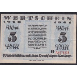 Германия, зимняя помощь 5 рейхсмарок 1940-41 год, A 6778538, 4 выпуск (Germany Kriegswinterhilfswerk 5 reichsmark 1940-41 year) : XF/aUNC