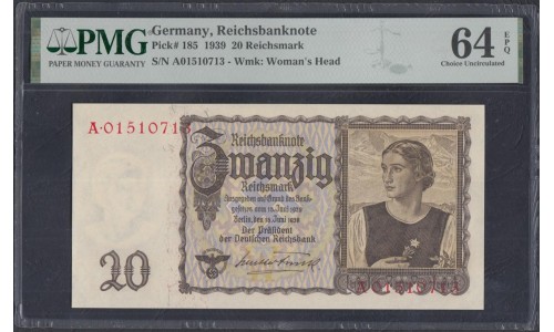 Германия 20 рейхсмарок 1939 год (Germany 20 reichsmark 1939 year) P 185: UNC PMG 64 EPQ