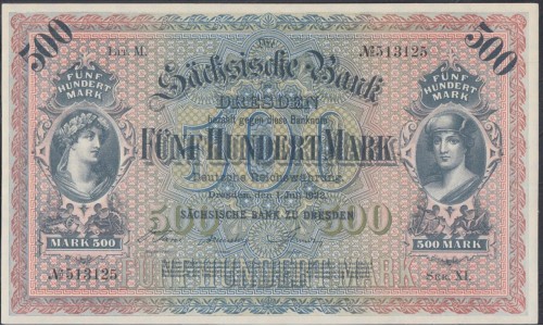 Земельные деньги, Саксонский Банк 500 марок, Дрезден 1922 год (Sachsische Bank 500 mark 1922 Landerbanknote) PS 954: UNC