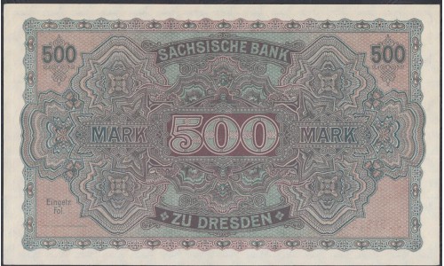 Земельные деньги, Саксонский Банк 500 марок, Дрезден 1922 год (Sachsische Bank 500 mark 1922 Landerbanknote) PS 954: UNC