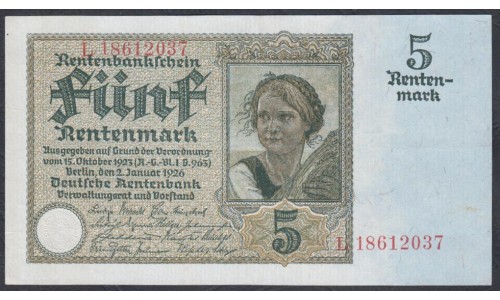 Германия 5 рентмарок 1926 год, вариант 2 (Germany 5 rentenmark 1926 year) P 169: aUNC
