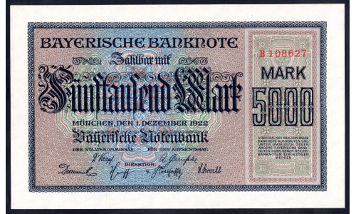 Земельные деньги, Баварский Банк 5000 марок, Мюнхен 1922 год (Bayershe Banknote 5000 mark 1922 Landerbanknote) PS 925: UNC