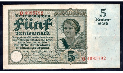 Германия 5 рентмарок 1926 год (Germany 5 rentenmark 1926 year) P 169: XF