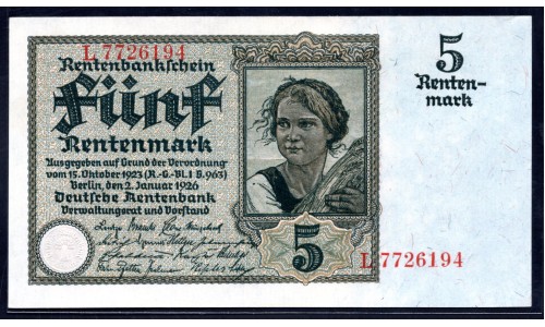 Германия 5 рентмарок 1926 год, вариант 4 (Germany 5 rentenmark 1926 year) P 169: UNC