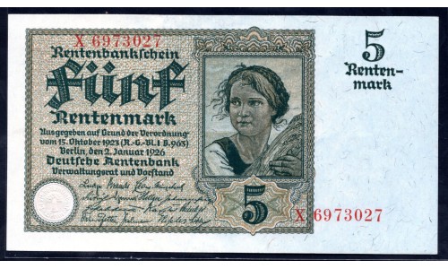 Германия 5 рентмарок 1926 год, вариант 5 (Germany 5 rentenmark 1926 year) P 169: UNC