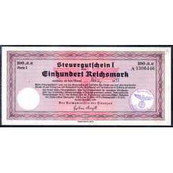 Германия налоговый ваучер 100 рейхсмарок 1940 год, со штемпелем (Steuergutschein 100 Reichsmark 1940 year) R-716j: aUNC