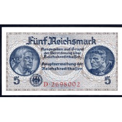 Германия, оккупация Европы 5 рейсхмарок 1939/45 год (Reichskreditkassenschein 5 Reichsmark 1939/45 year) P-R138a: UNC