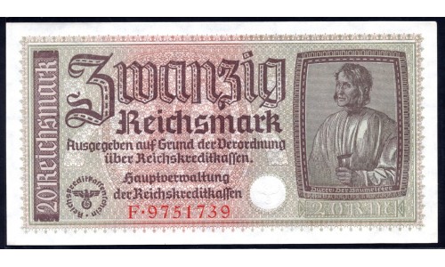 Германия, оккупация Европы 20 рейсхмарок 1939/45 год (Reichskreditkassenschein 20 Reichsmark 1939/45 year) P-R139: UNC