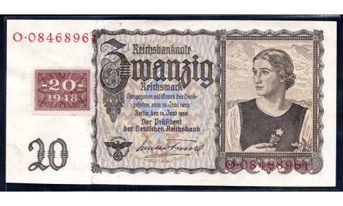 Германия 20 марок 1948 год, зона Советских войск (Germany 20 Mark 1948 year, Soviet Occupation) P 5A: UNC