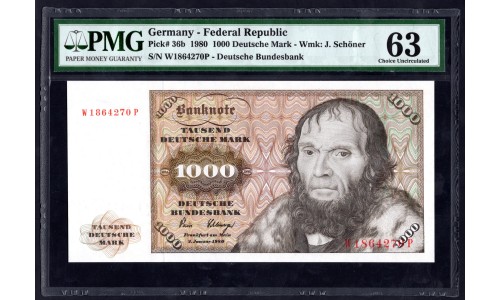  ФРГ 1000 марок 1980 год (Germany, GFR 1000 Mark 1980 year) P 36b: UNC