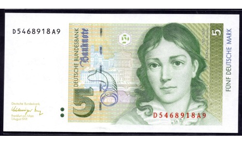  ФРГ 5 марок 1991 год (Germany, GFR 5 Mark 1991 year) P 37: UNC