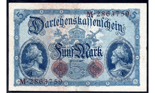 Германия 5 марок 1914 год (Germany 5 Mark 1914 year) P 47b: XF