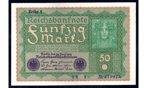Германия 50 марок 1919 год, Reihe 1 (Germany 50 Mark 1919 year, Reihe1) P 66: UNC