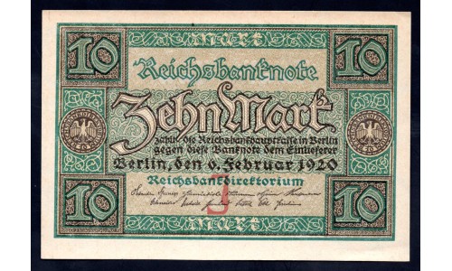 Германия 10 марок 1920 год (Germany 10 Mark 1920 year) P 67a: UNC