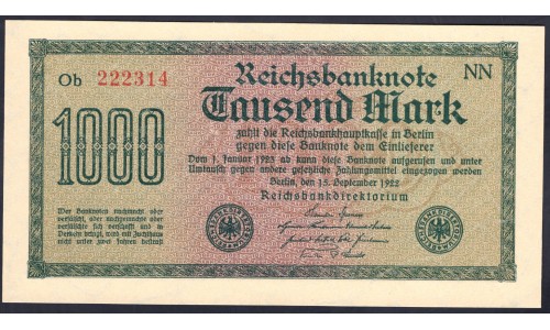 Германия 1000 марок 1922 год, 1 разновидность (Germany 1000 Mark 1922 year) P 76b: UNC