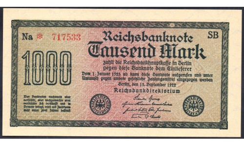 Германия 1000 марок 1922 год, 3 разновидность (Germany 1000 Mark 1922 year) P 76b: UNC