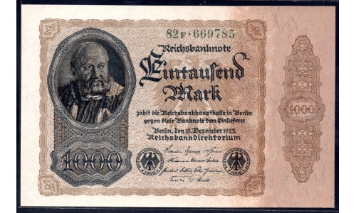 Германия 1000 марок 1922 год, 2 разновидность (Germany 5000 Mark 1922 year) P 82а: UNC