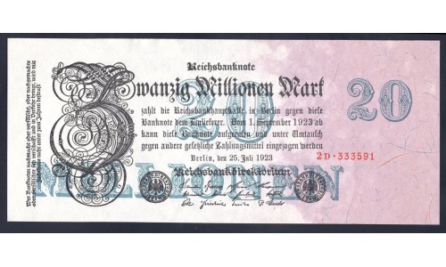Германия 20000000 марок 1923 год, 1 вариант (Germany 20000000 Mark 1923 year) P 97b: UNC
