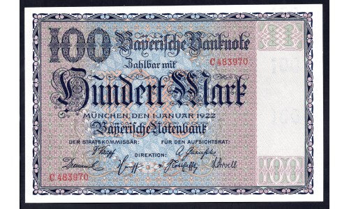 Земельные деньги, Баварский Банк 100 марок, Мюнхен 1922 год (Bayerische Banknote 100 mark 1922 Landerbanknote) PS 923: UNC