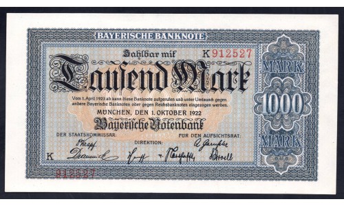 Земельные деньги, Баварский Банк 1000 марок, Мюнхен 1922 год (Bayershe Banknote 1000 mark 1922 Landerbanknote) PS 924: UNC