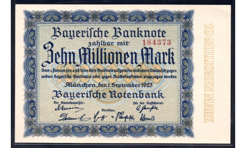 Земельные деньги, Баварский Банк 10 миллионов марок, Мюнхен 1923 год (Bayershe Banknote 10 millionen mark 1923 Landerbanknote) PS 935: UNC