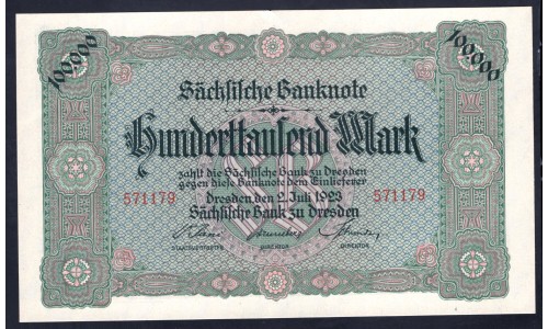 Земельные деньги, Саксонский Банк 100000 марок, Дрезден 1923 год (Sachsische Bank 100000 mark 1923 Landerbanknote) PS 960: UNC
