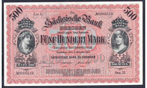 Земельные деньги, Саксонский Банк 500 марок, Дрезден 1911 год (Sachsische Bank 500 mark 1911 Landerbanknote) PS 953b: aU