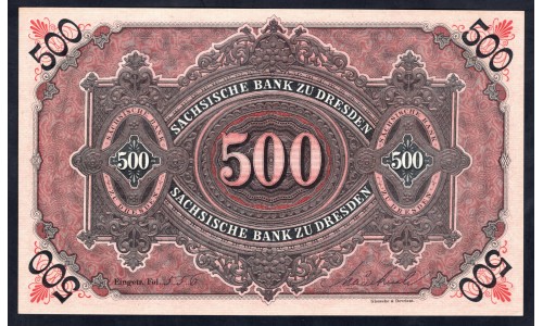 Земельные деньги, Саксонский Банк 500 марок, Дрезден 1911 год (Sachsische Bank 500 mark 1911 Landerbanknote) PS 953b: UNC