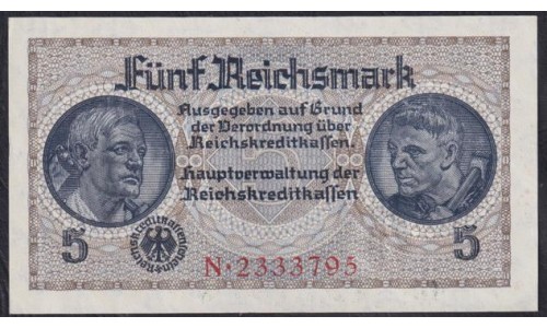 Германия, оккупация Европы 5 рейсхмарок 1939/45 год (Reichskreditkassenschein 5 Reichsmark 1939/45 year) P-R138a: UNC