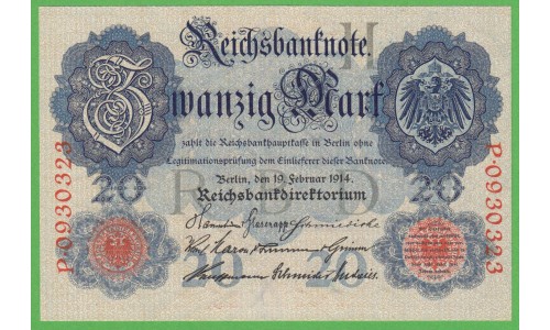Германия 20 марок 1914 год (Germany 20 Mark 1914 year) P 46b: UNC