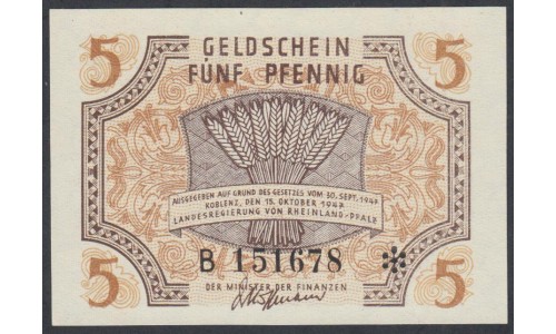  Земельные деньги, 5 пфеннингов 1947 года, Правительство земли Рейн-Пфальтц ( 5 pfennig 15/10/1947 year Rheinland-Pfalz, Landesregierung) Ro 212, PS 1004 :UNC