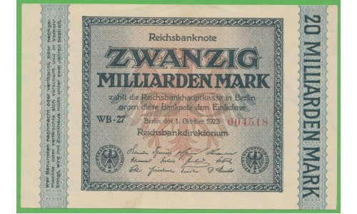 Германия 20000000000 марок 1923 год, 1 вариант (Germany 20000000000 Mark 1923 year) P 118a: UNC-