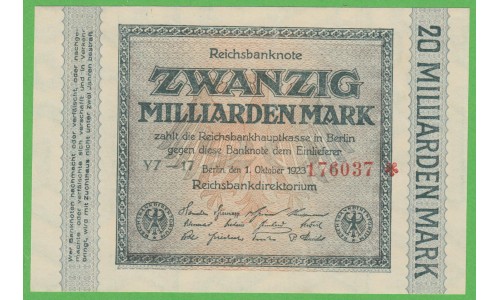 Германия 20000000000 марок 1923 год, 5 вариант (Germany 20000000000 Mark 1923 year) P 118a: UNC