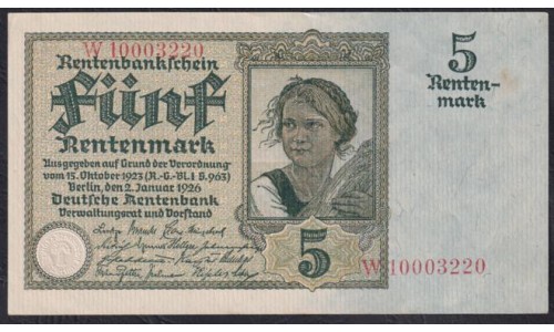 Германия 5 рентмарок 1926 год, W10003220 (Germany 5 rentenmark 1926 year) P 169: UNC-