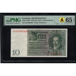 Германия 10 рейхсмарок 1929 год ND(1945), G.01080496 (Germany 10 Reichsmark 1929 ND(1945)) P 180b: PMG 65 Gem UNC EPQ