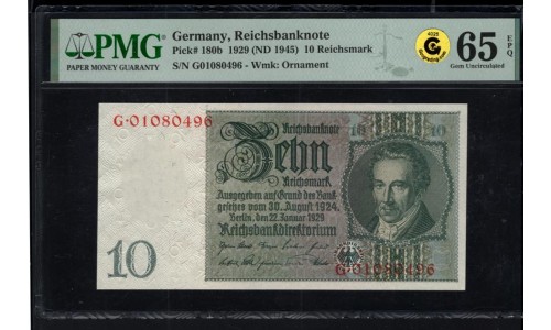 Германия 10 рейхсмарок 1929 год ND(1945), G.01080496 (Germany 10 Reichsmark 1929 ND(1945)) P 180b: PMG 65 Gem UNC EPQ