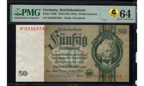 Германия 50 рейхсмарок 1933 год, K.03565393 (Germany 50 Reichsmark 1933) P 182b: все 4 штуки в PMG 64 Choice UNC